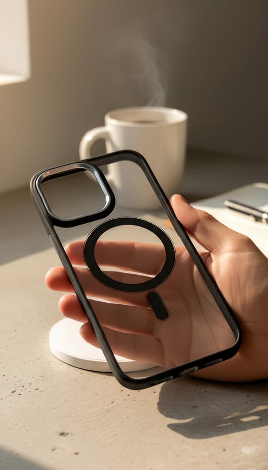 Celeste Super Black MagSafe con marco metálico y protección acrílica - Funda para iPhone