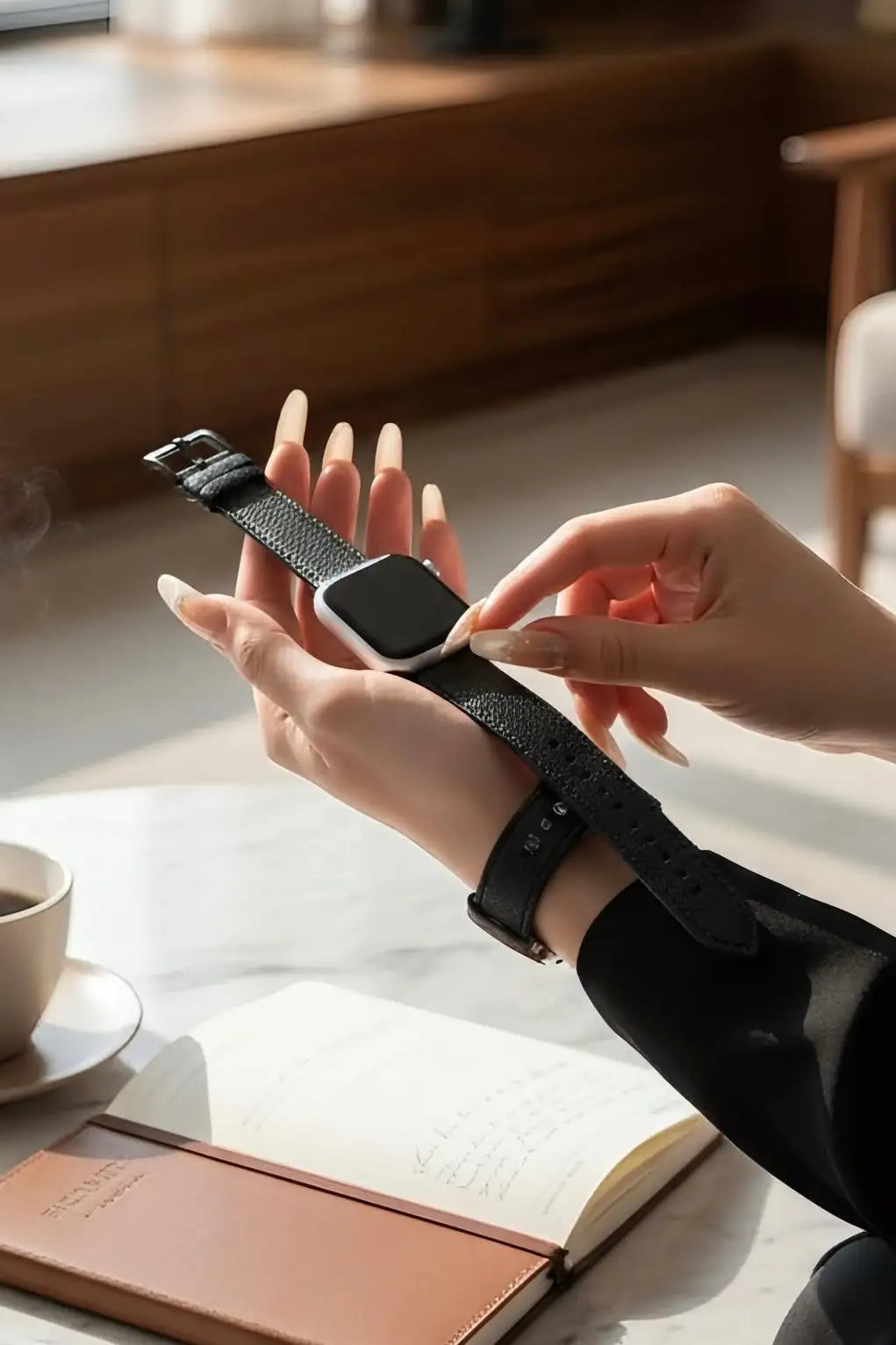 Correa de reloj de cuero negro con superficie texturizada y hebilla plateada, combinada con un Apple Watch.