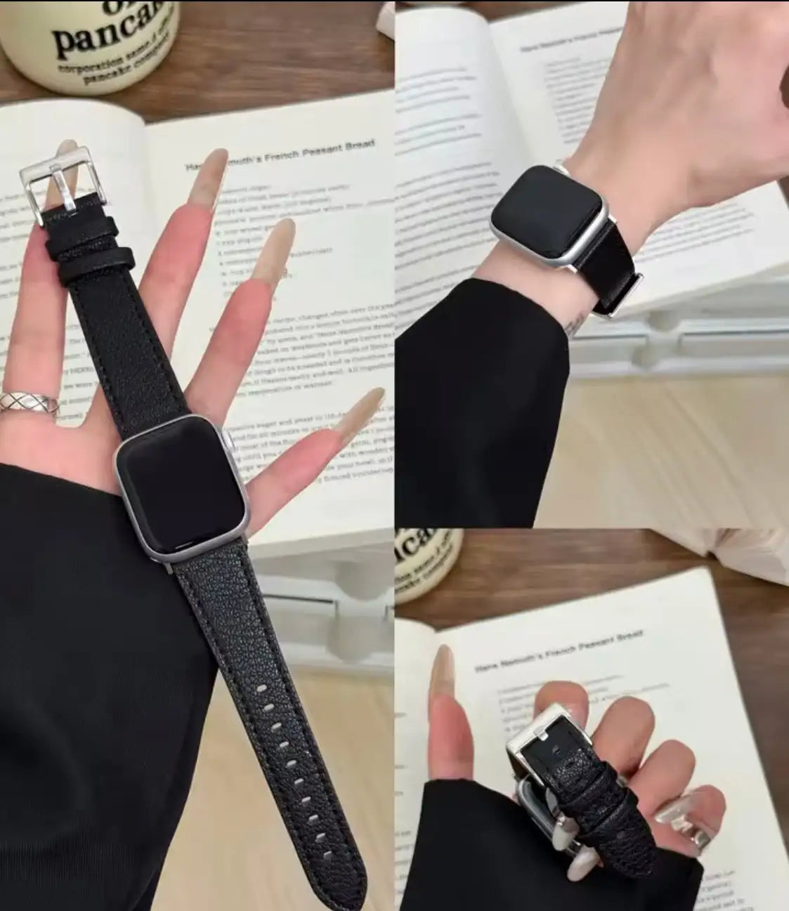 Correa de reloj de cuero texturizado negro con hebilla de plata, diseñada para modelos de Apple Watch