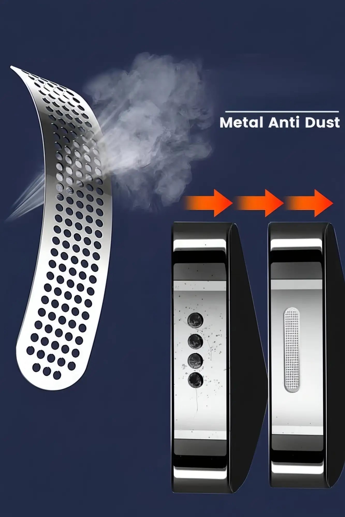 Cubiertas de metal perforado plateado anti-polvo para un rastreador de fitness.