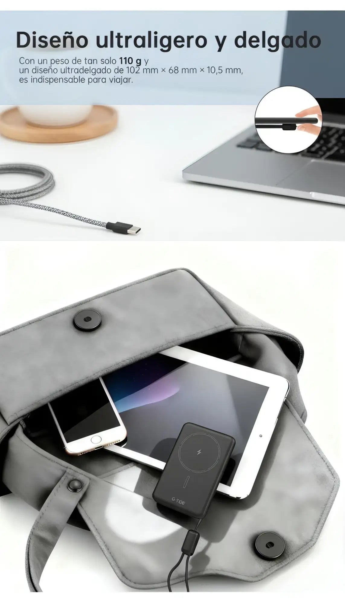 Funda para laptop de tela gris con cierres de botones circulares negros y un diseño minimalista, que contiene una tableta y un teléfono inteligente.