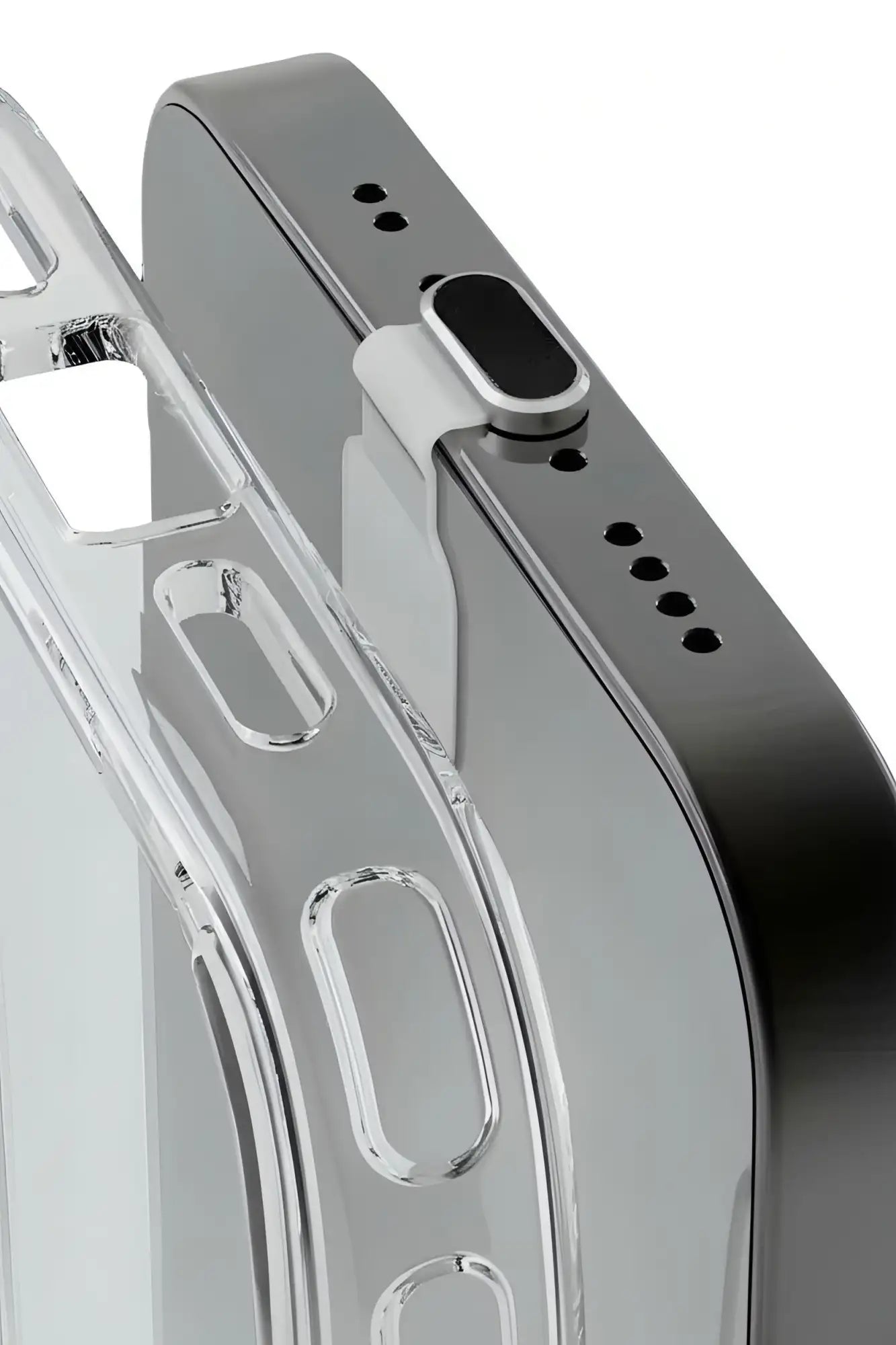 Funda protectora transparente con recortes precisos para la cámara y los puertos, diseñada para ajustarse a un smartphone moderno.