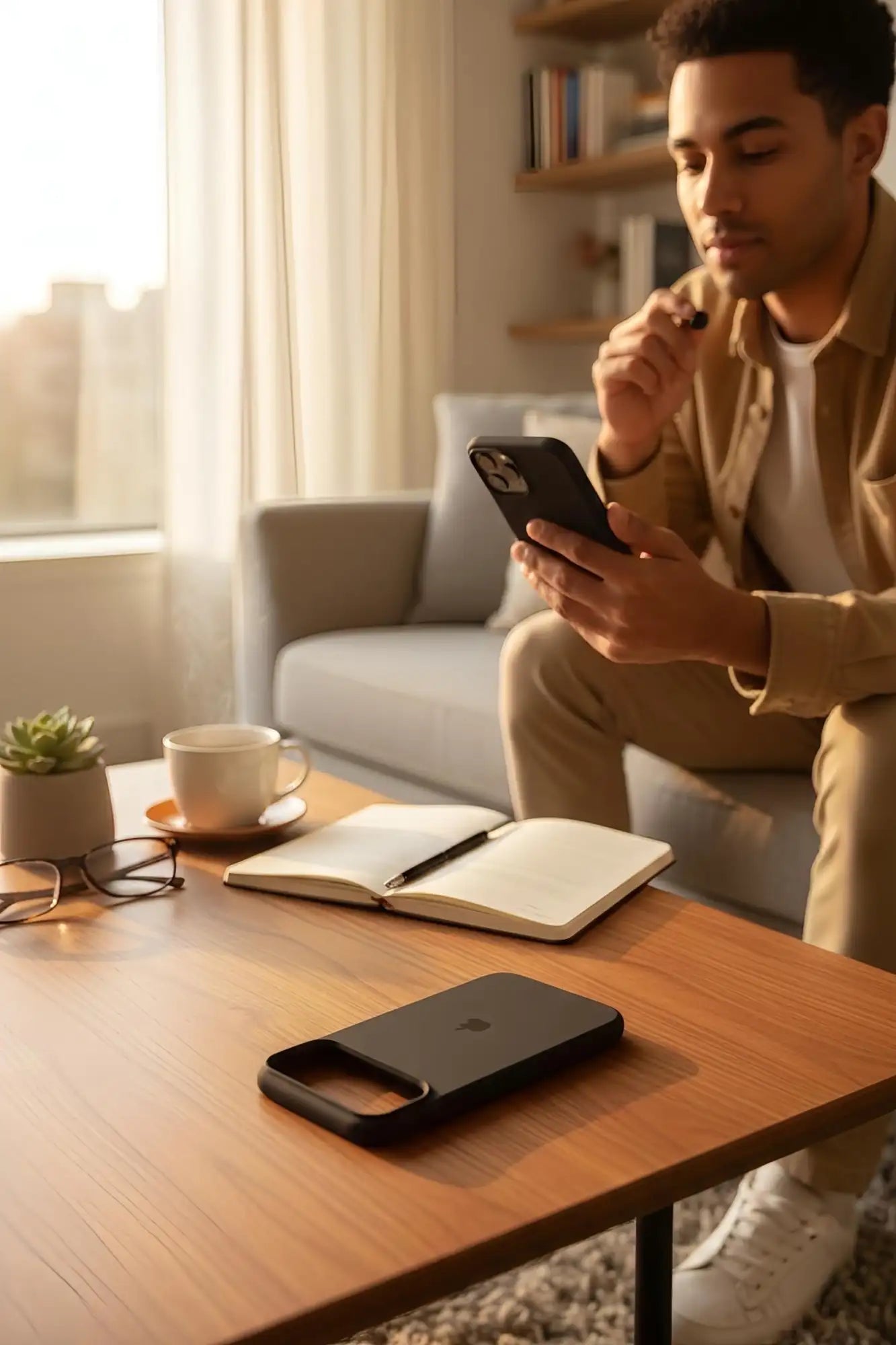 Funda de teléfono de acabado mate negro con un diseño elegante y minimalista e recorte integrado para la cámara.