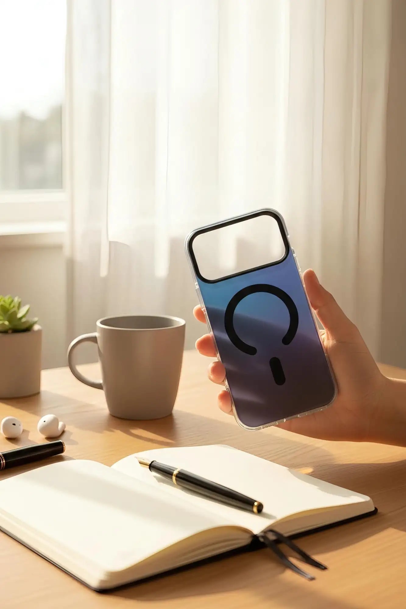 Una funda de teléfono azul degradado elegante con un logotipo circular negro, sostenida en la mano contra un fondo de ventana luminosa.