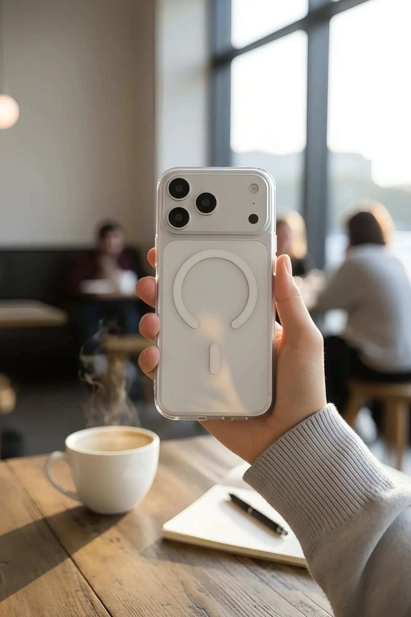 Una funda de teléfono elegante y transparente con un diseño de anillo de carga magnético blanco.