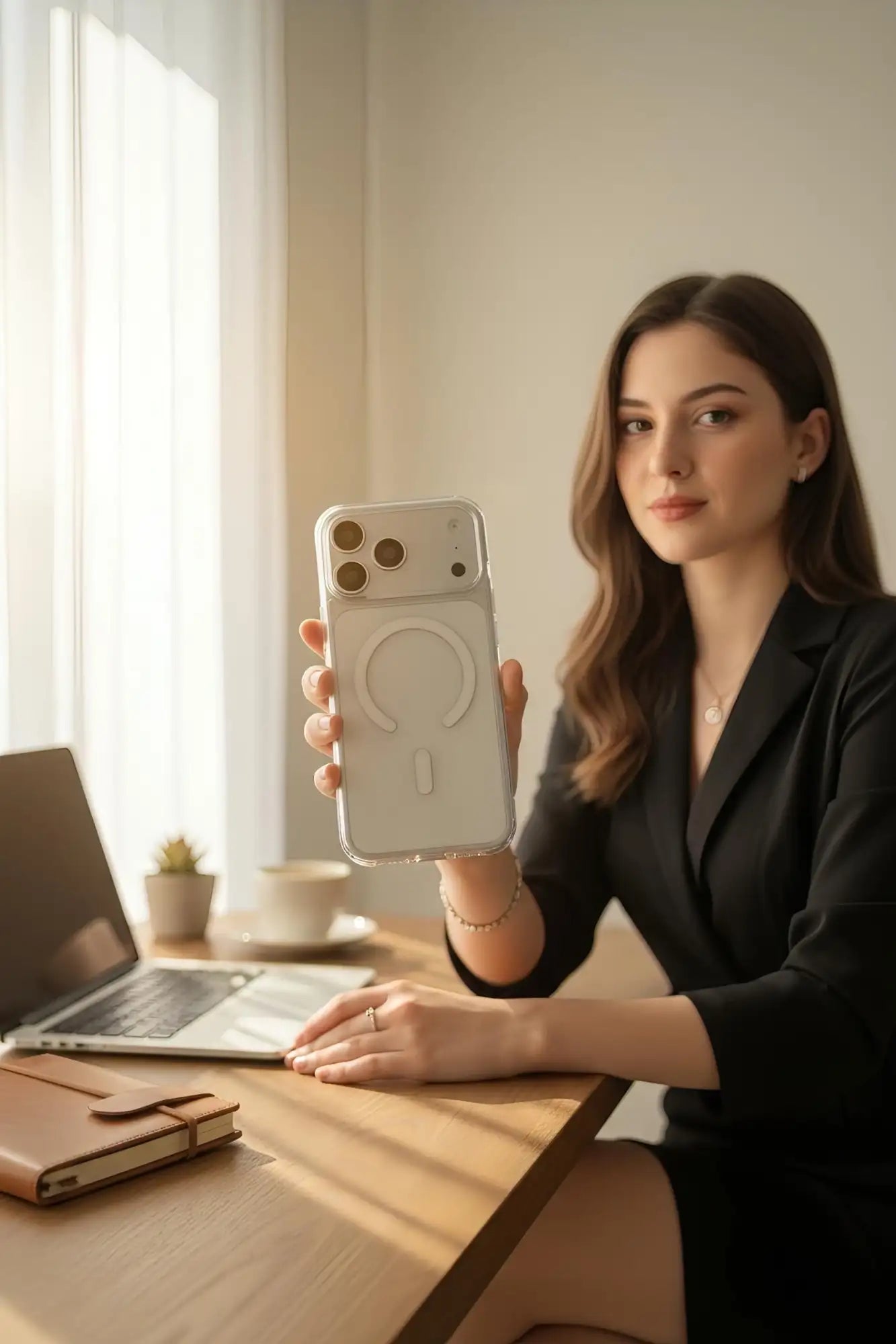 Una funda de teléfono elegante y transparente con diseño de anillo de carga magnético.