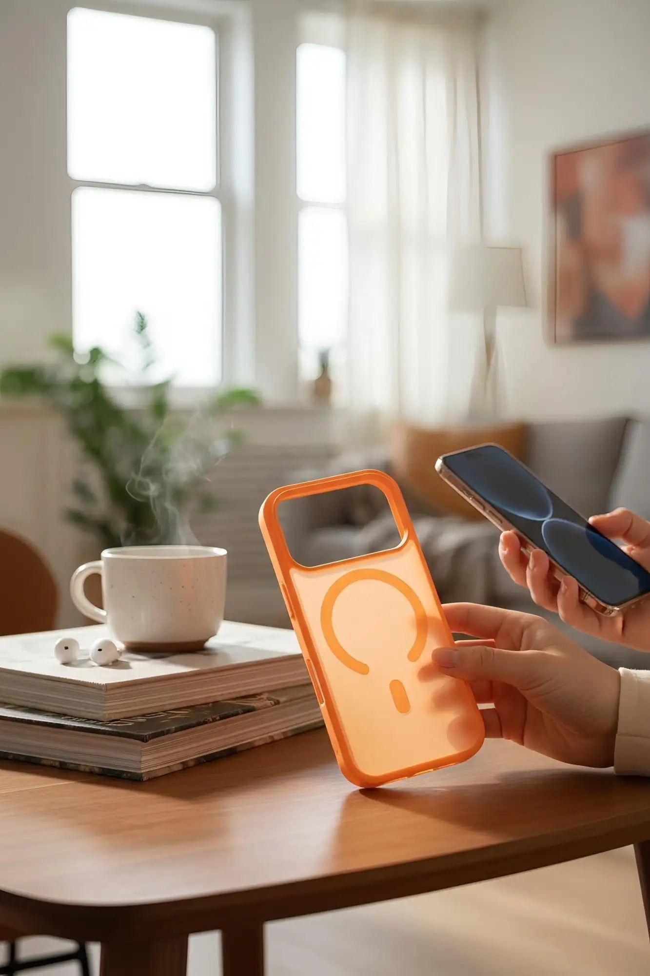 Funda de teléfono magnética transparente naranja con diseño de logotipo circular