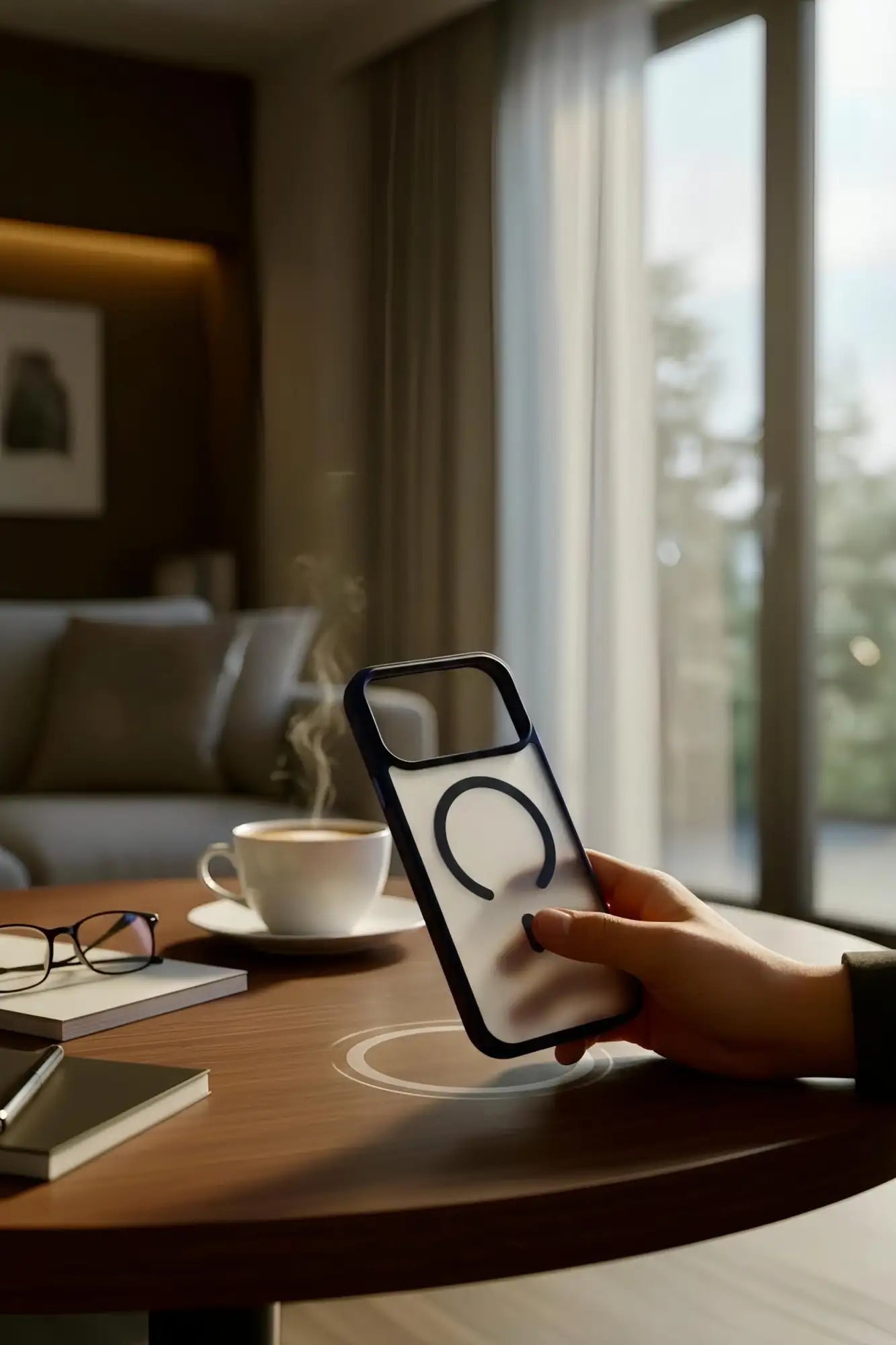 Funda de teléfono minimalista en blanco y negro con un diseño circular, sostenida en la mano sobre una base de carga inalámbrica