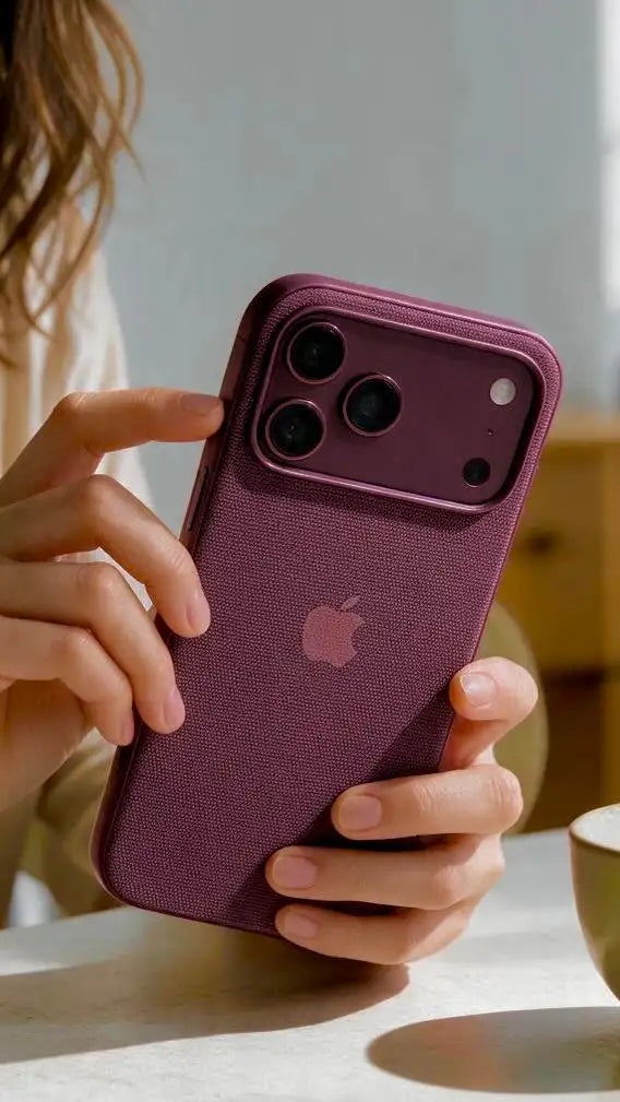 Una funda de teléfono morada con textura y un logotipo de Apple sutil, diseñada para un iPhone 13 Pro.