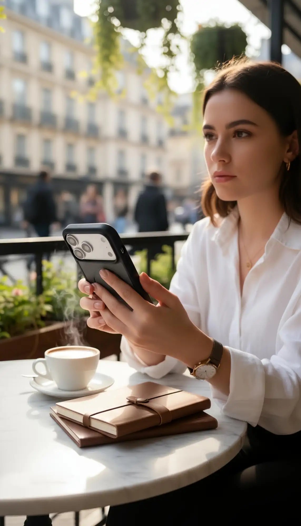 Funda de teléfono negra con un diseño elegante y minimalista y textura sutil.