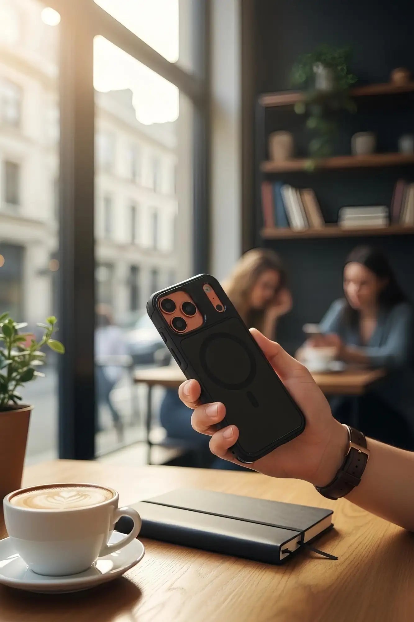 Funda de teléfono negra con recorte para cámara de color cobre y almohadilla de carga MagSafe circular.