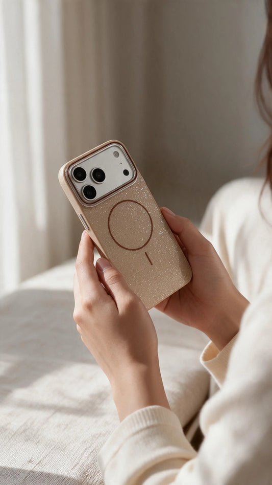 Imagen del reverso de funda glitter para móvil beige con símbolo circular de carga magnética para iphone