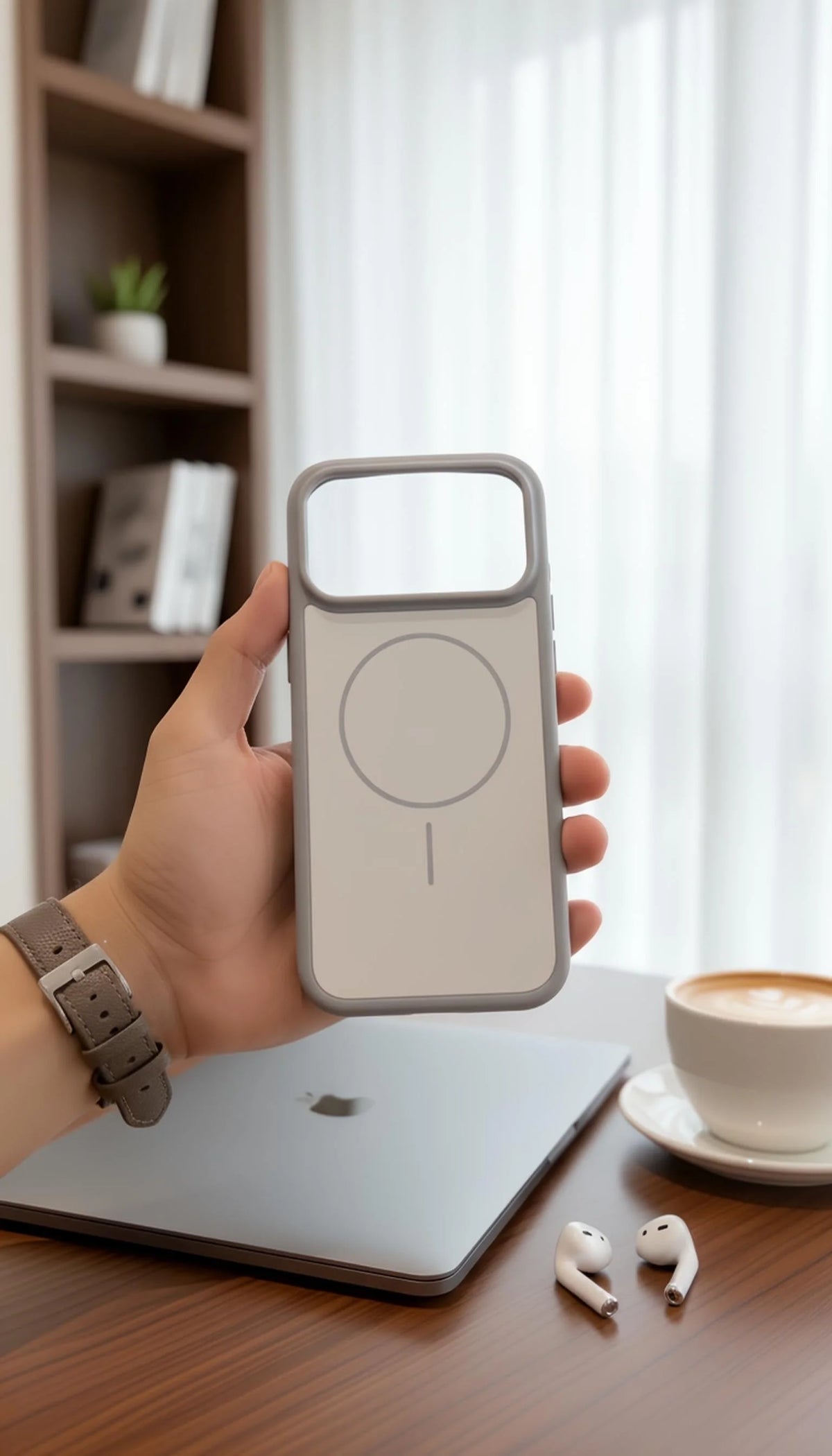 Vista trasera de funda gris para iphone con compatibilidad magsafe material tipo silicón y tacto sedoso