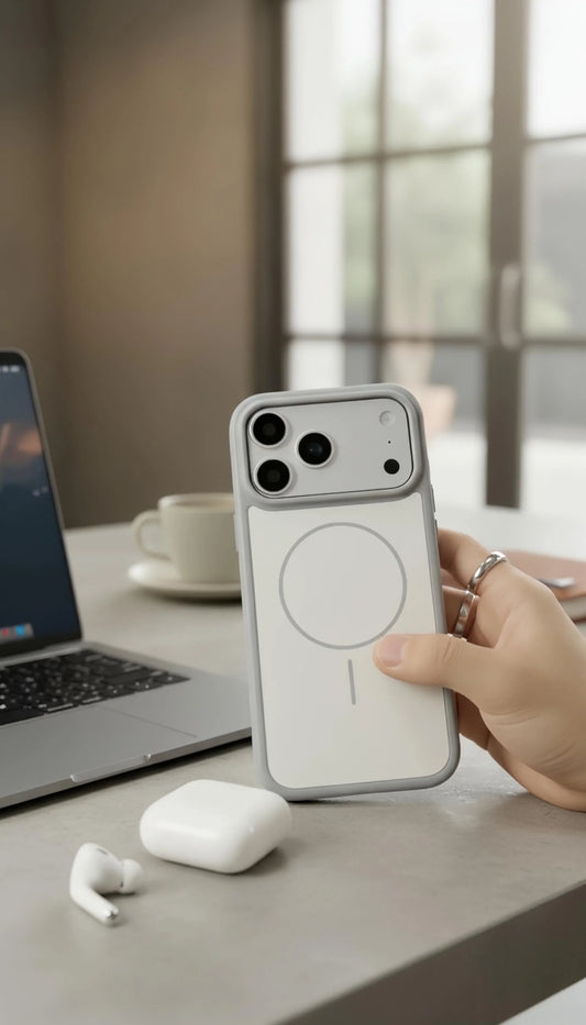 Vista trasera de funda gris suave para iphone con material tipo silicón tacto sedoso y compatibilidad magsafe con carga circular
