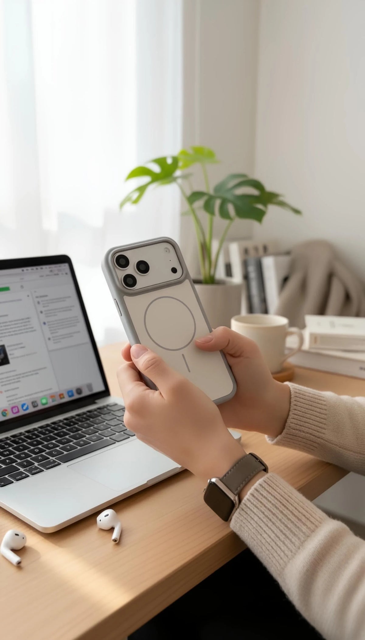 Funda gris suave para iphone con material tipo silicón, compatibilidad magsafe y tacto sedoso vista trasera