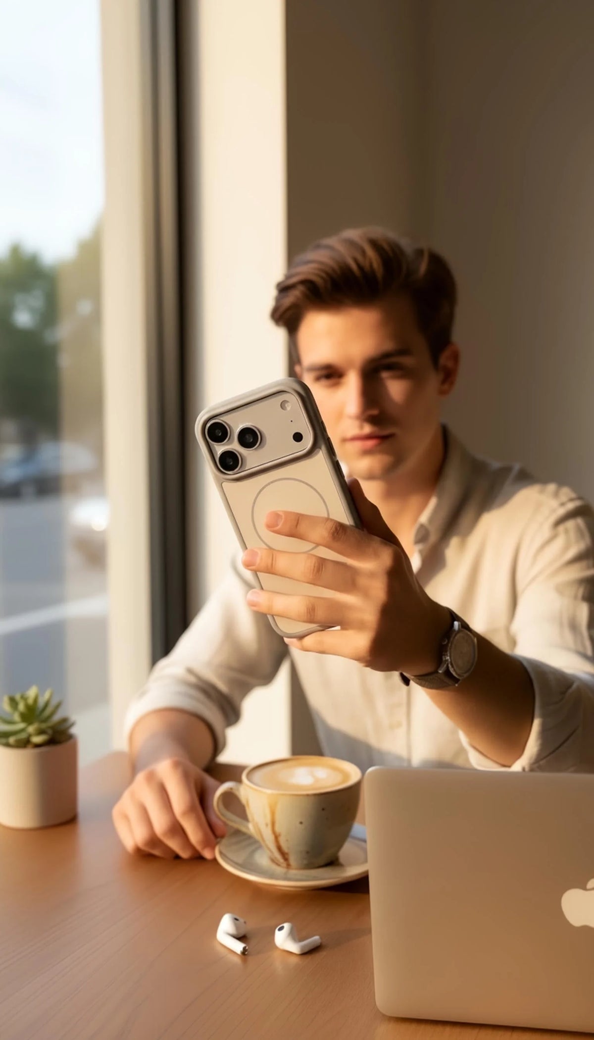 Vista trasera de funda para iphone tipo silicón gris con compatibilidad magsafe tacto sedoso y diseño minimalista