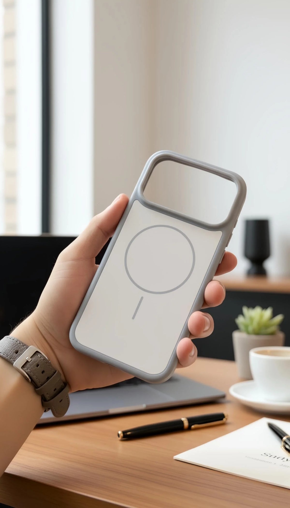Vista trasera de funda para iphone gris con diseño minimalista, material tipo silicón y compatibilidad magsafe, tacto sedoso
