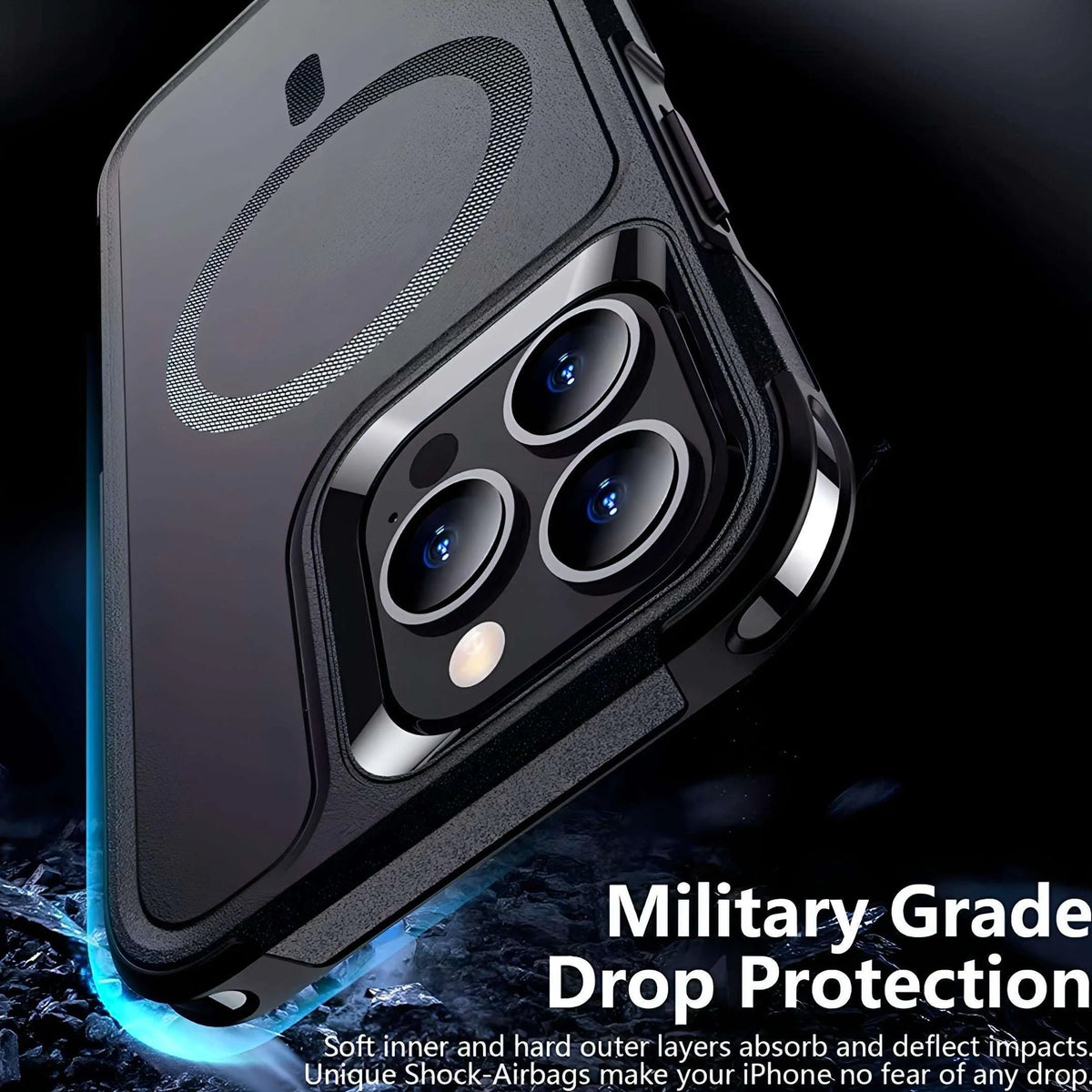 Vista trasera de funda heavy duty magsafe en acabado negro anti huellas con textura y detalles metálicos en cámara