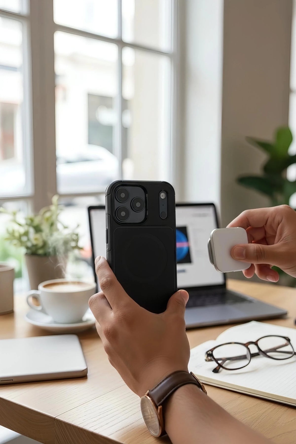 Funda heavy duty uso rudo en acabado negro anti huellas con recorte para cámara y punto de imán en la parte trasera