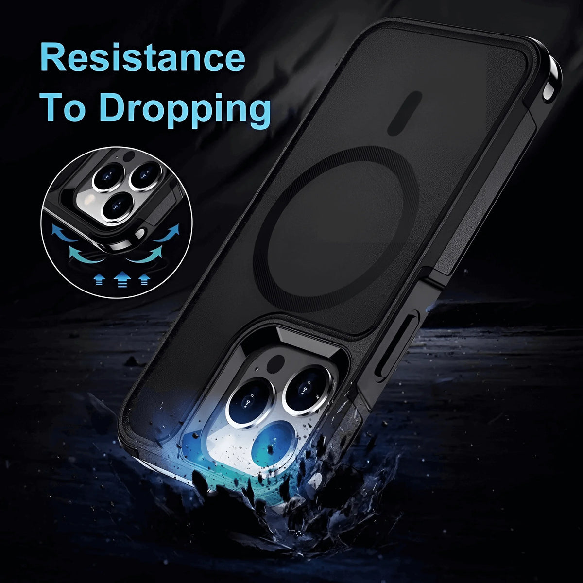 Funda heavy duty negro anti huellas con protección reforzada y base magnética para carga compatible con magsafe vista trasera
