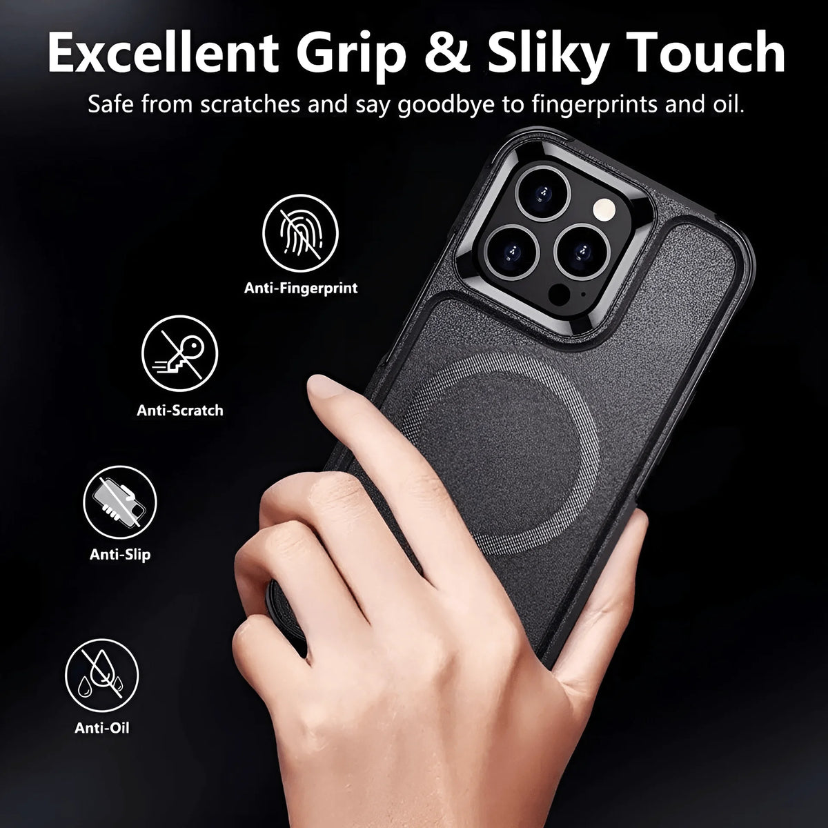 Vista trasera de funda heavy duty con acabado negro anti huellas y pad magnético para carga compatible con magsafe