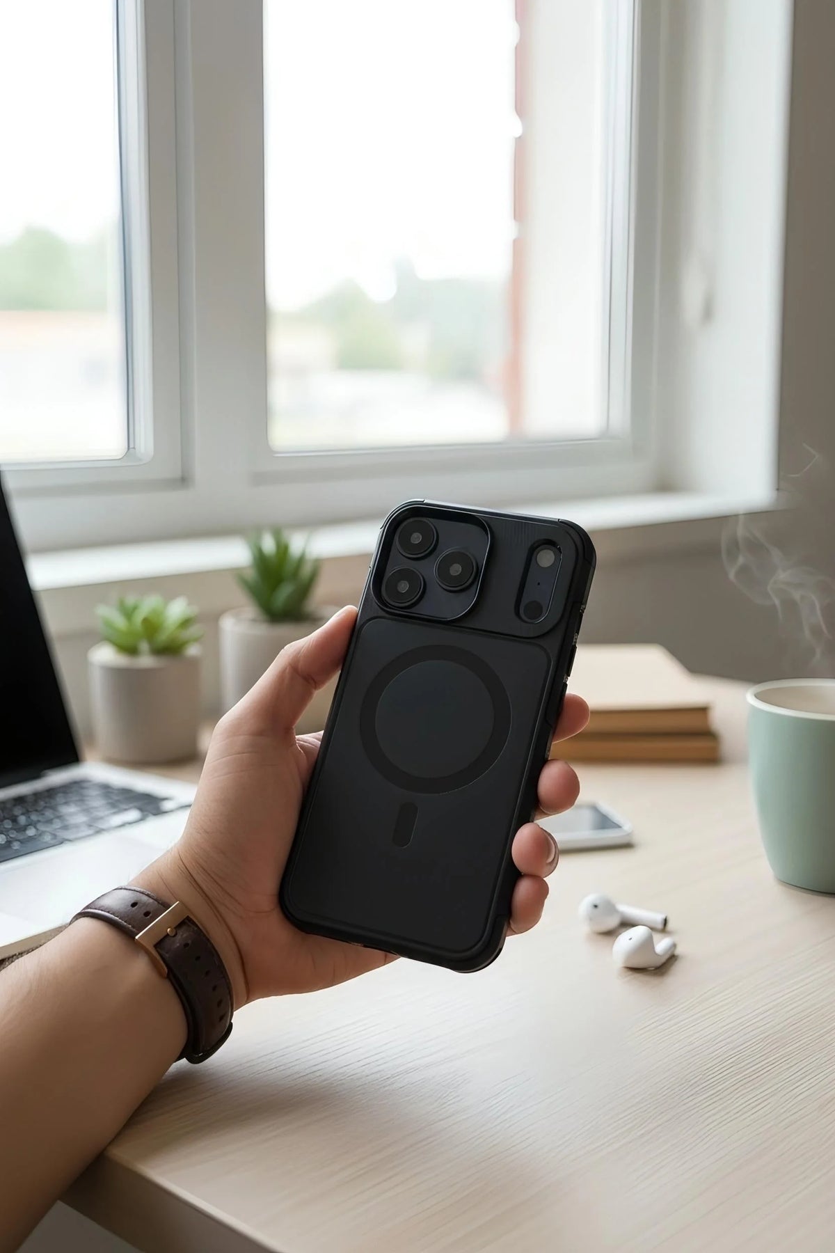 Funda heavy duty negra anti huellas con acabado negro anti, cargador magnético y corte para cámara vista trasera
