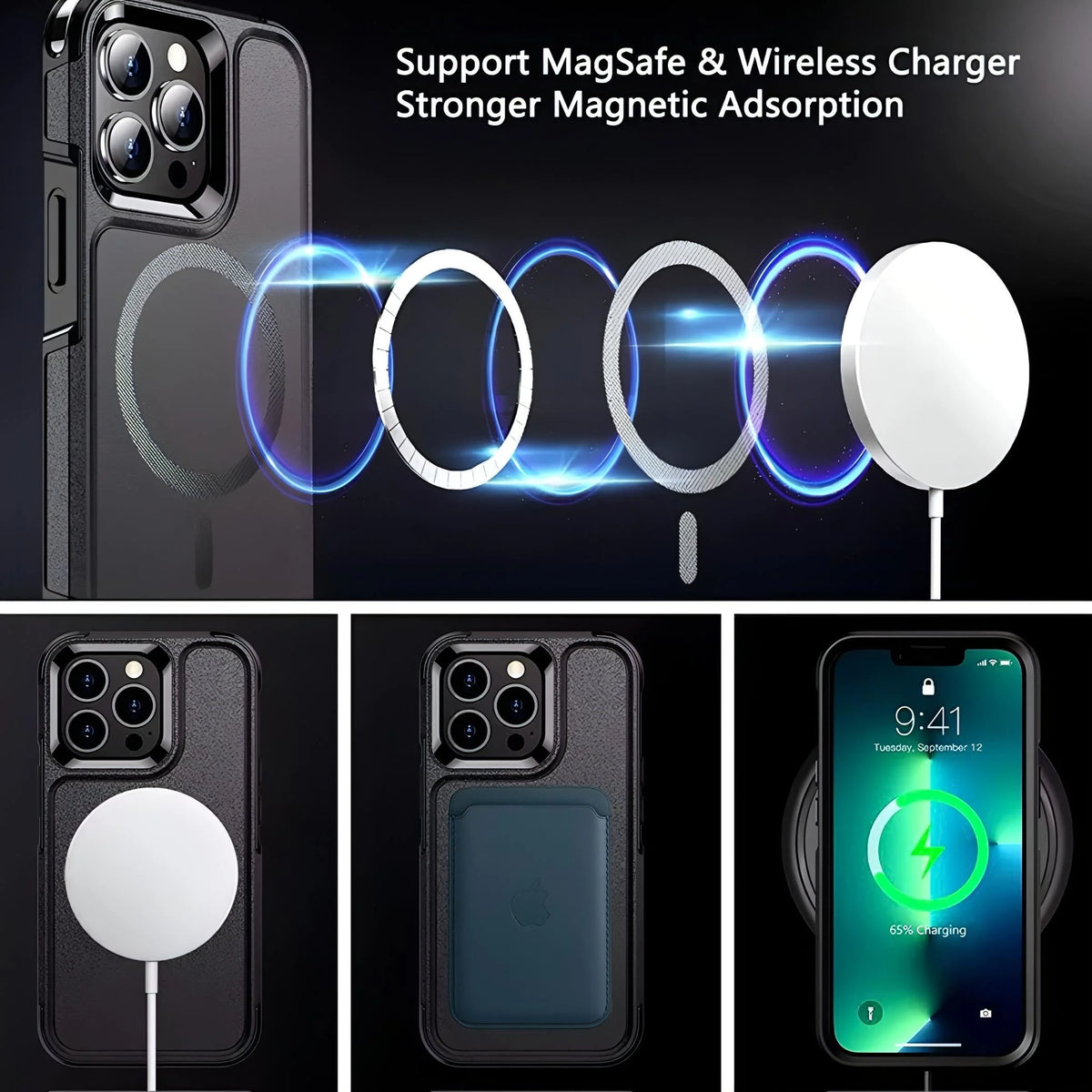 Funda heavy duty negra anti huellas con diseño de anillo magnético para carga en la parte trasera