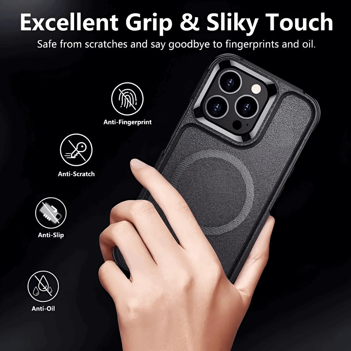 Vista trasera de funda uso rudo heavy duty color negro anti huellas con cargador magnético circular
