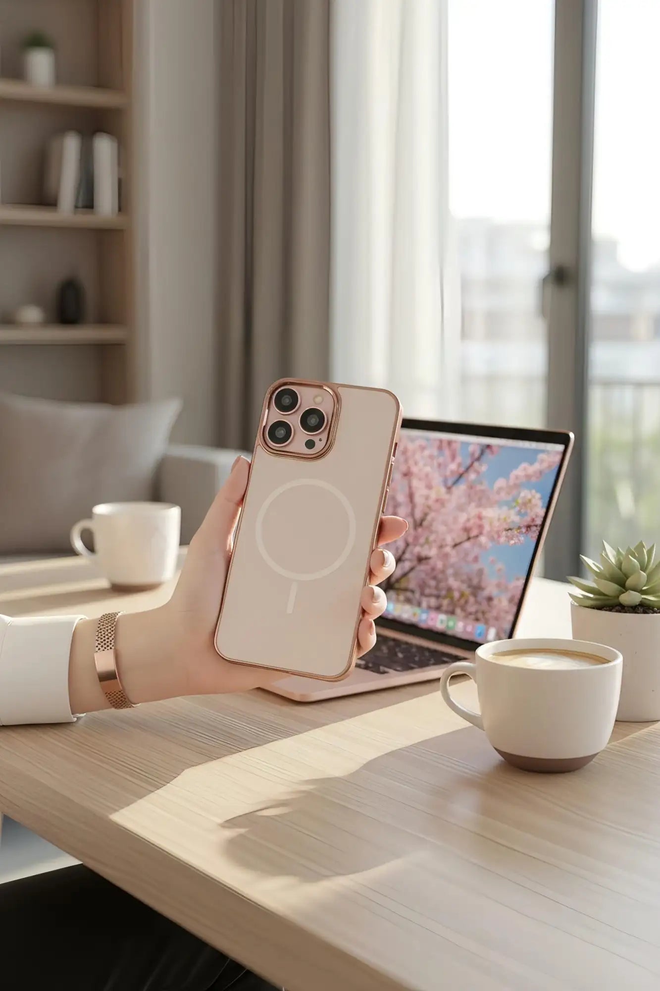 Un iPhone 13 Pro en oro rosa con una funda de teléfono de acabado mate que presenta un diseño de almohadilla de carga magnética circular.