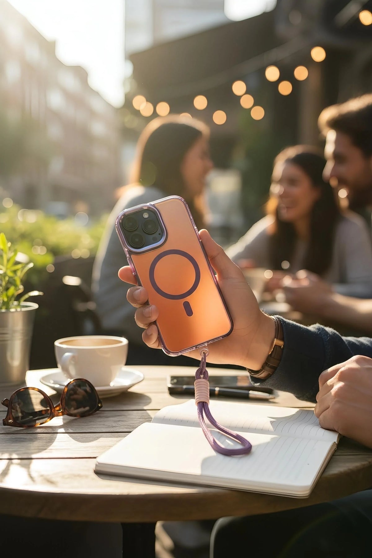 Parte trasera de funda lila strap tornasol para iphone 14 pro con acabado tornasol y botones metálicos en rosa gold