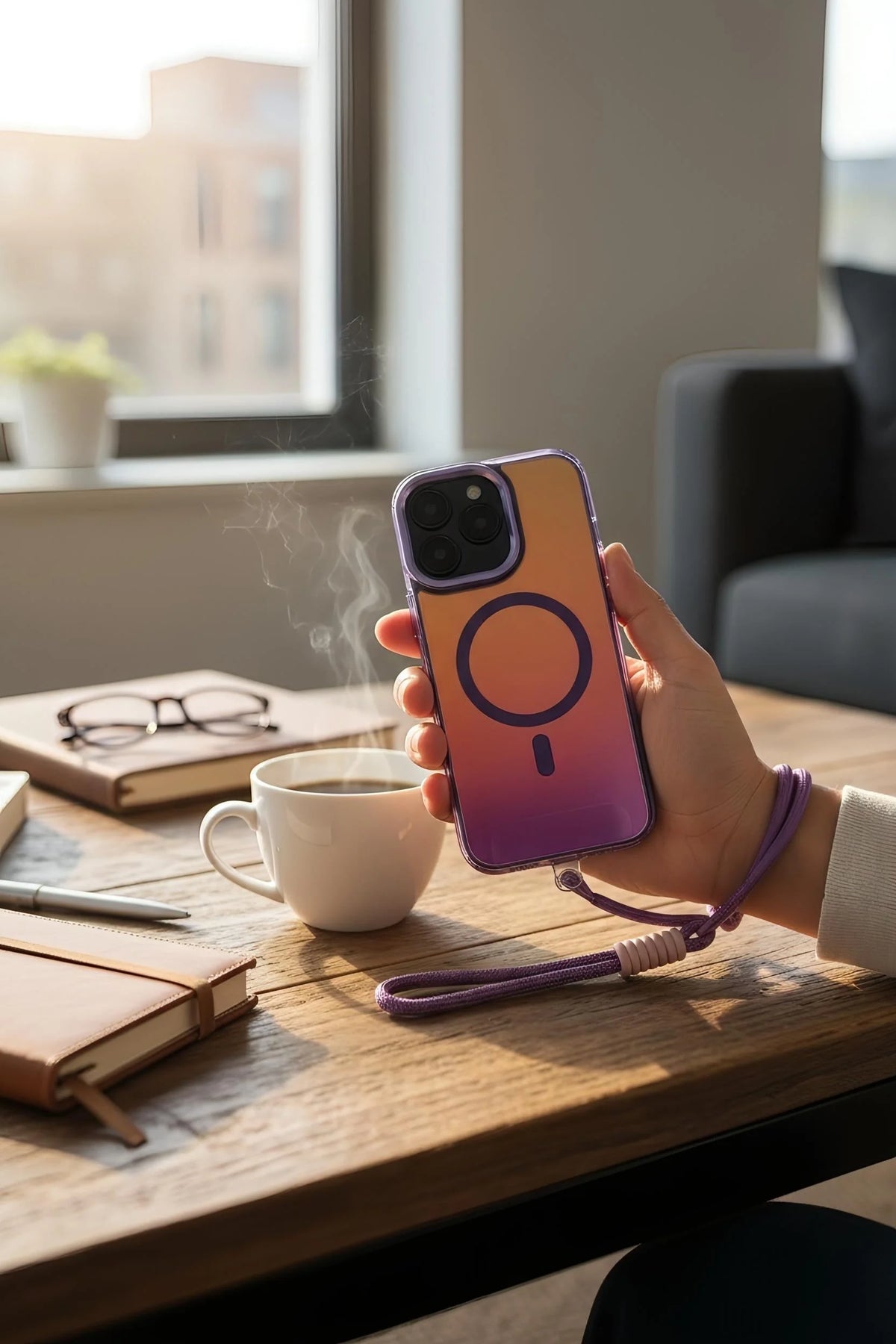 Parte trasera de funda lila strap tornasol con acabado tornasol botones metálicos para iphone en tonos púrpura y naranja