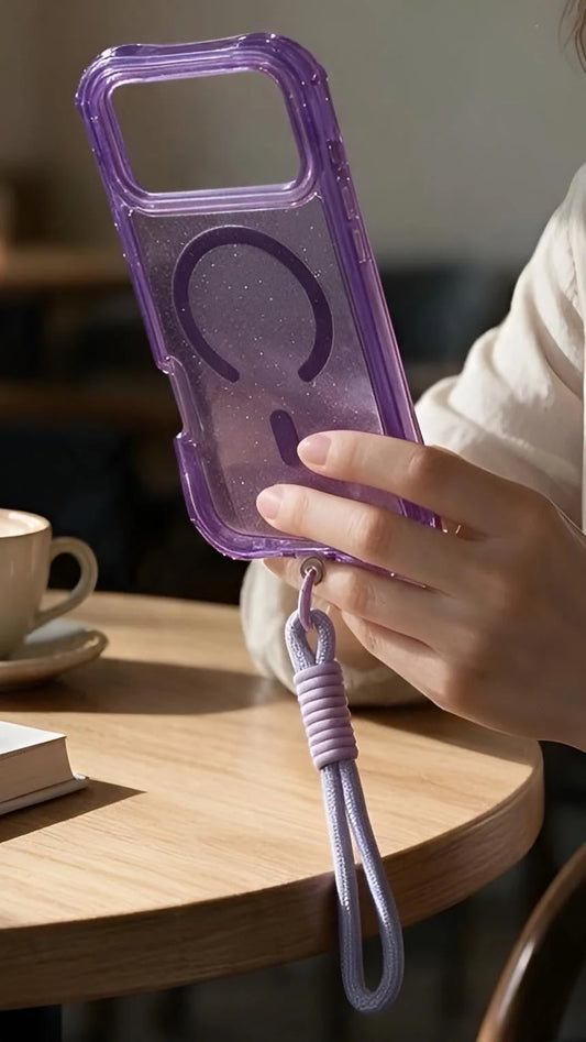 Funda lila súper glitter case magsafe translúcida morada con acabado glitter y correa trenzada para uso rudo