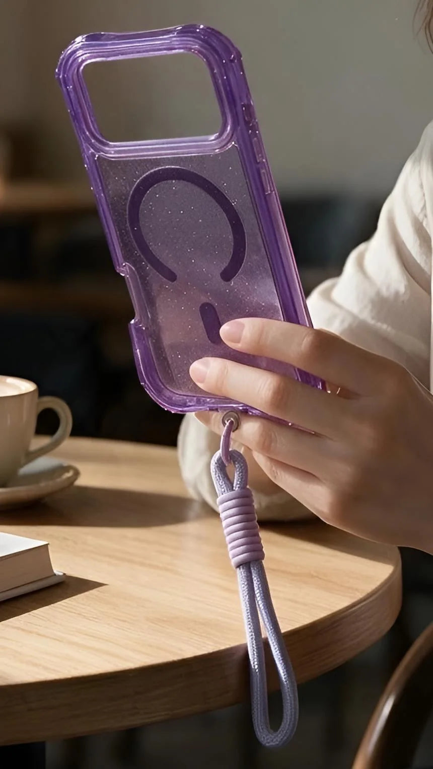 Funda lila súper glitter case magsafe translúcida morada con acabado glitter y correa trenzada para uso rudo
