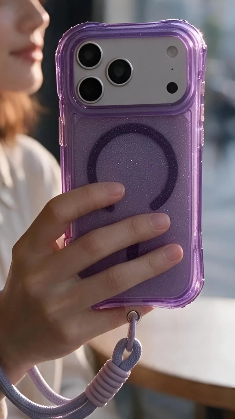 Funda glitter case magsafe lila morada con anillo magnético de carga y correa trenzada para uso rudo vista trasera