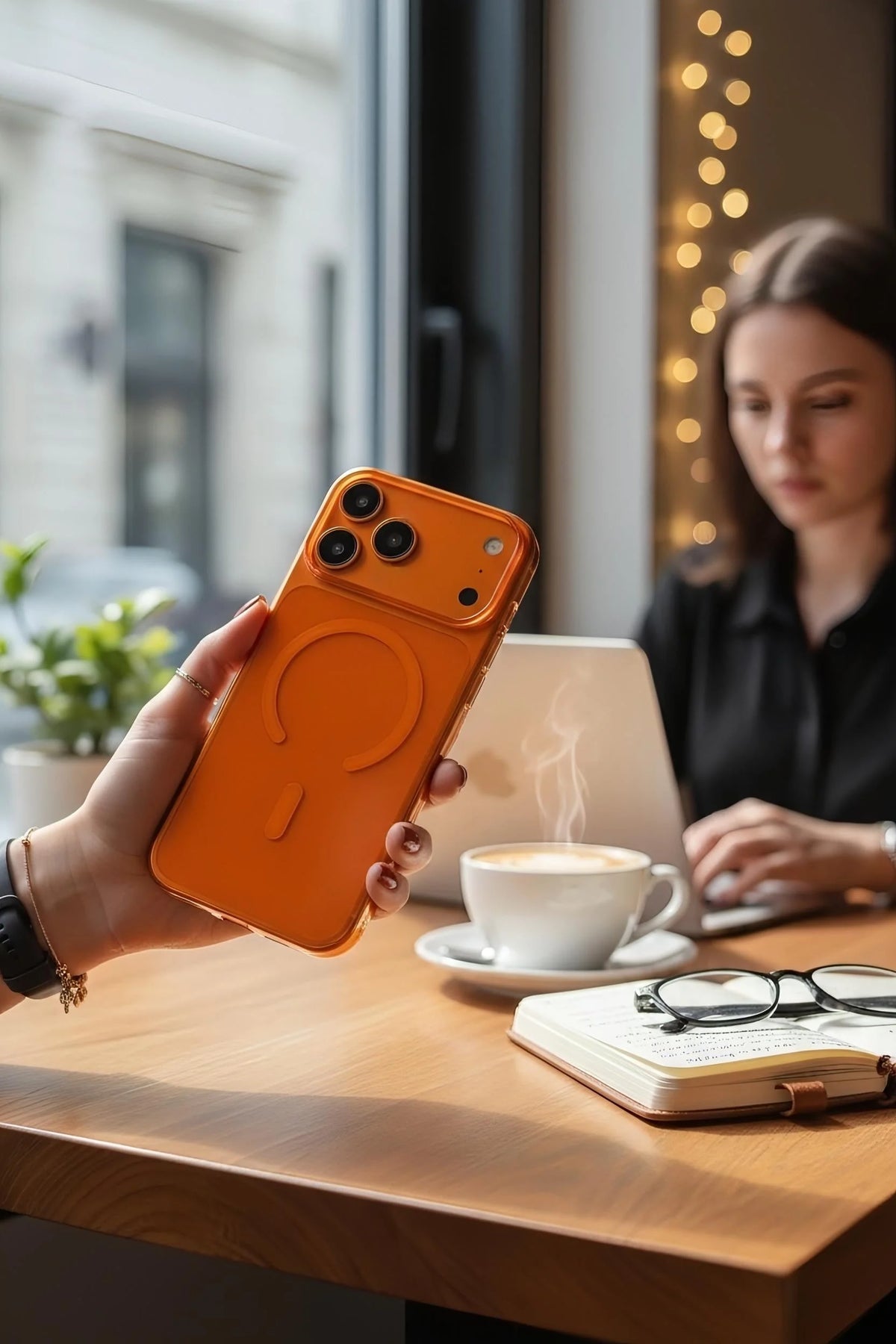 Funda ultra delgada naranja con diseño original y acabado brilloso, vista trasera con cargador magnético circular