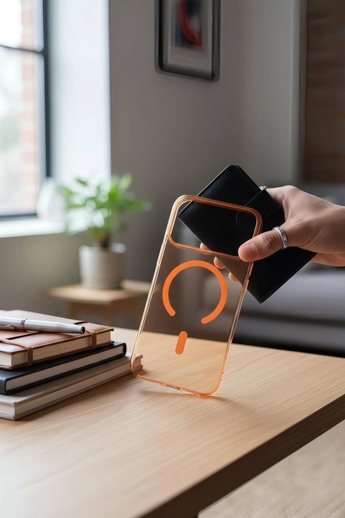 Funda ultra delgada transparente color naranja con diseño original circular y acabado brilloso vista trasera