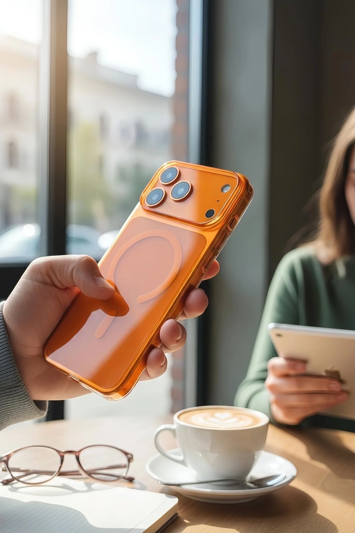 Funda ultra delgada naranja con diseño original acabado brilloso y carga magnética visible desde la parte trasera