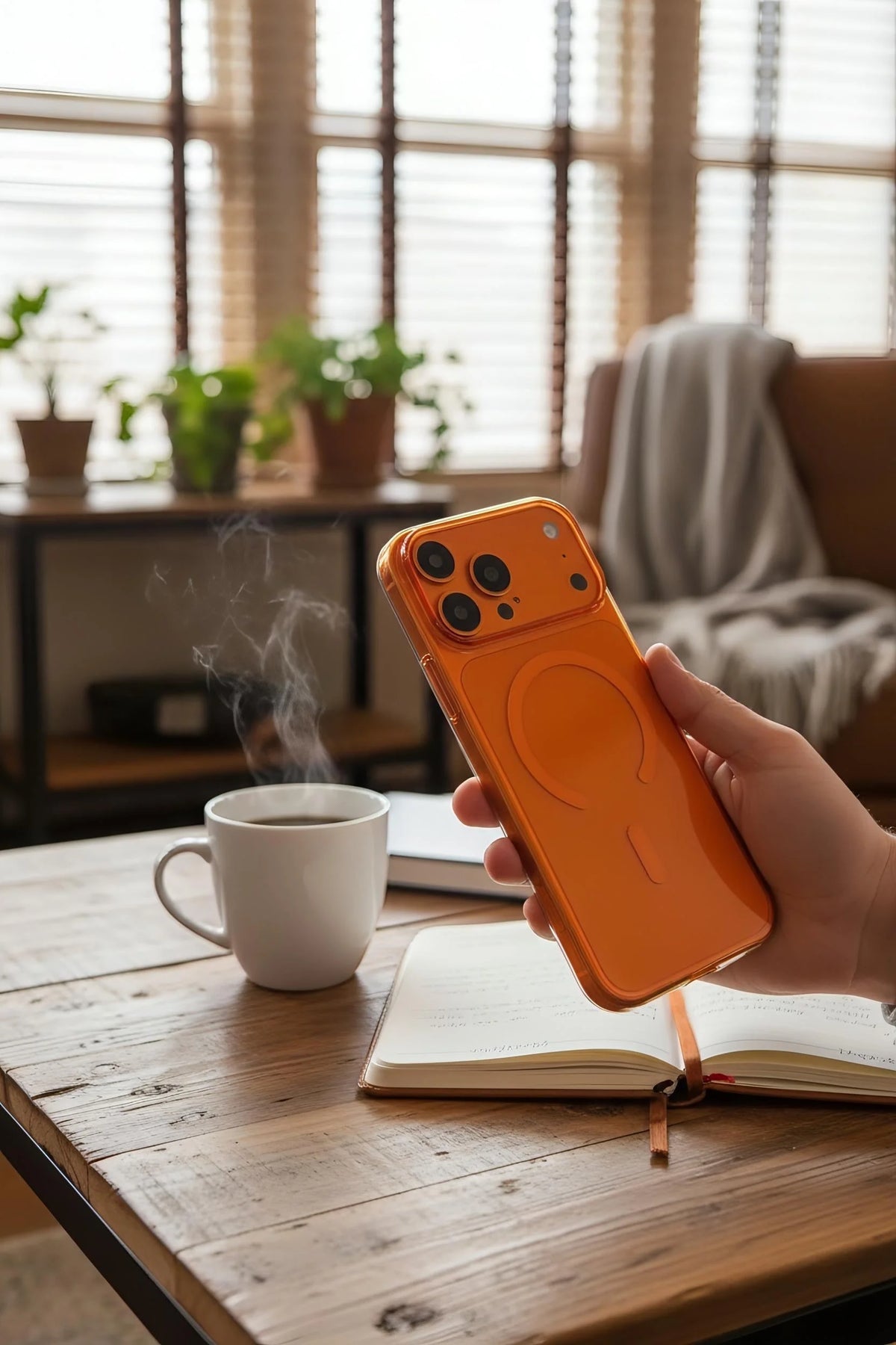 Funda ultra delgada naranja con acabado brilloso y diseño original visible en la parte trasera con cargador magnético circular