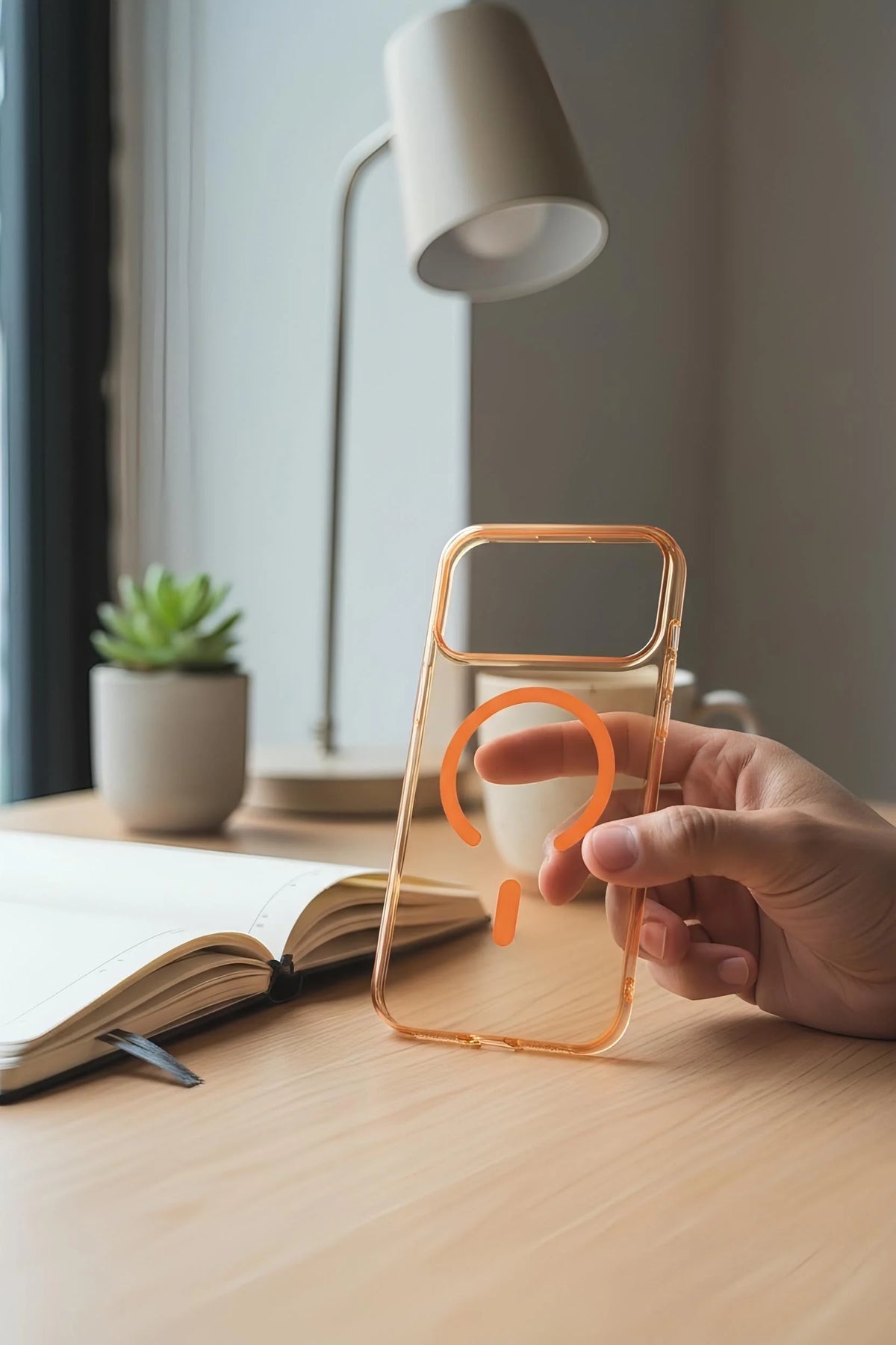 Funda ultra delgada transparente naranja para teléfono con diseño original de signo de interrogación y acabado brilloso