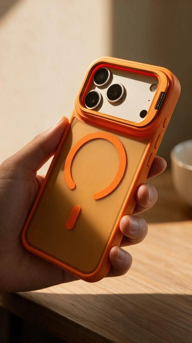 Vista trasera del super armour naranja matte super funda con diseño magnético para carga magsafe en iphone