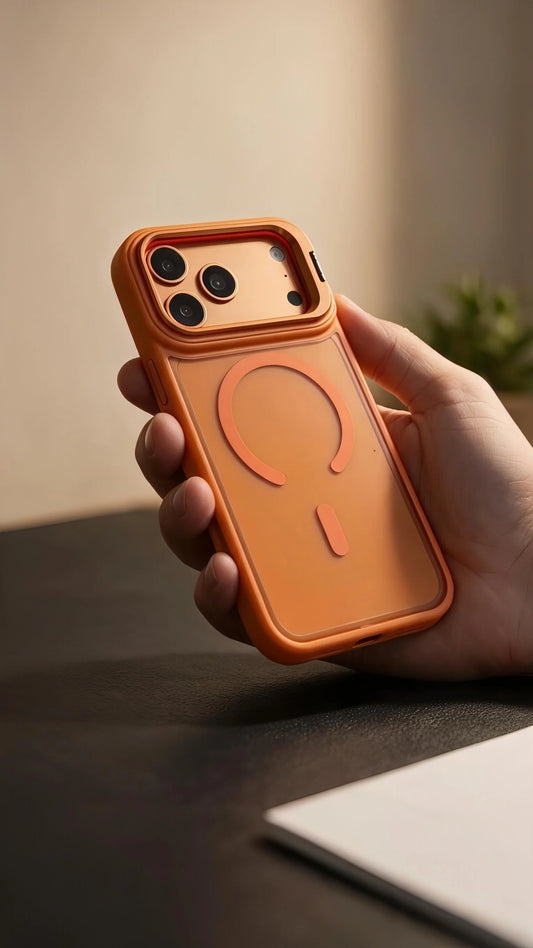 Vista trasera de funda super armour naranja matte super con diseño magnético para carga compatible con magsafe para iphone