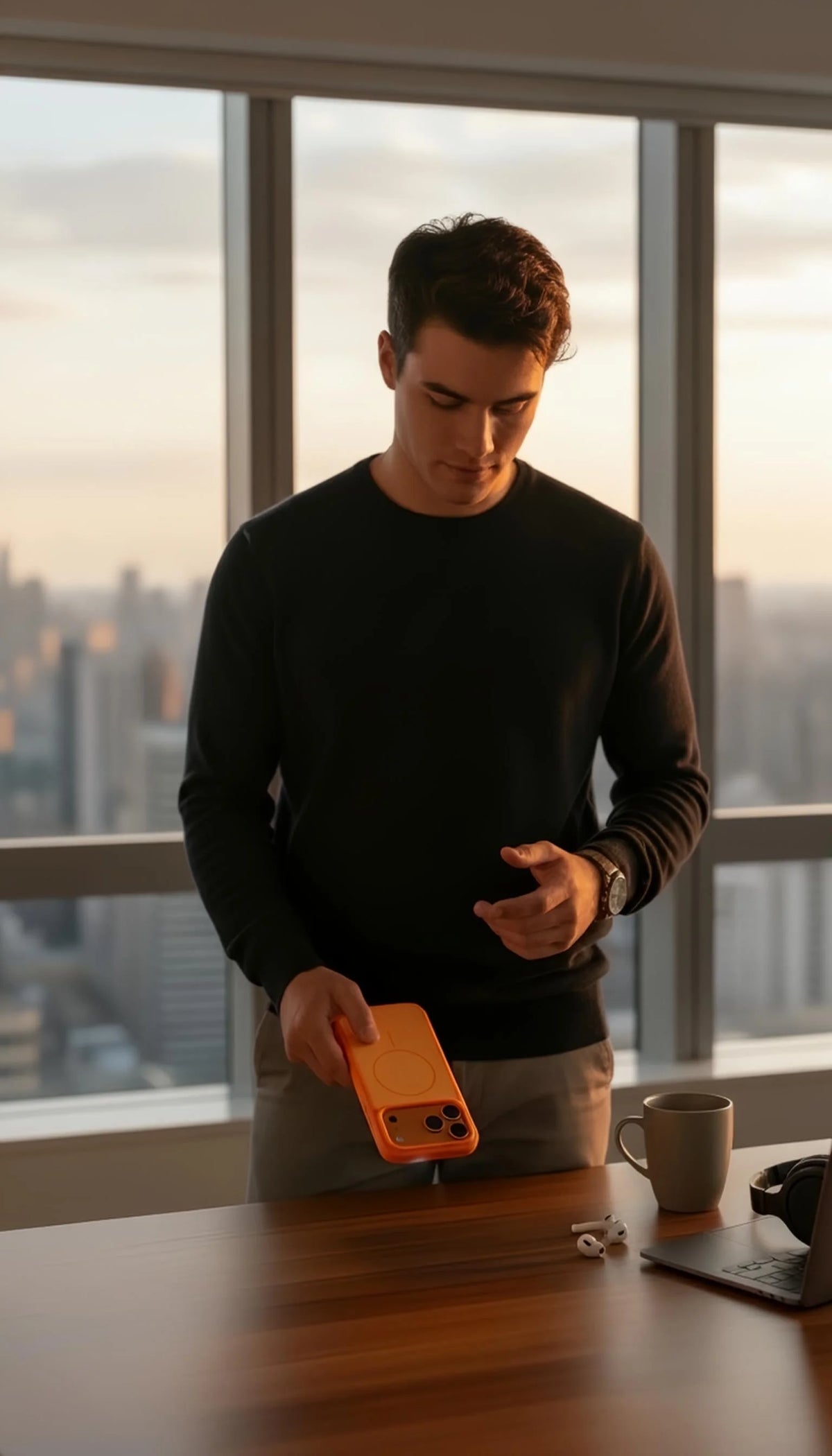 Funda naranja para iphone con compatibilidad magsafe material tipo silicón y tacto sedoso visto desde atrás