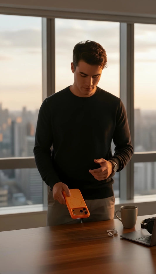 Funda naranja para iphone con compatibilidad magsafe material tipo silicón y tacto sedoso visto desde atrás