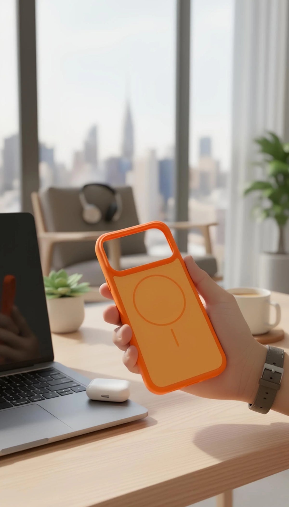 Funda para iphone color naranja material tipo silicón con compatibilidad magsafe y tacto sedoso vista trasera