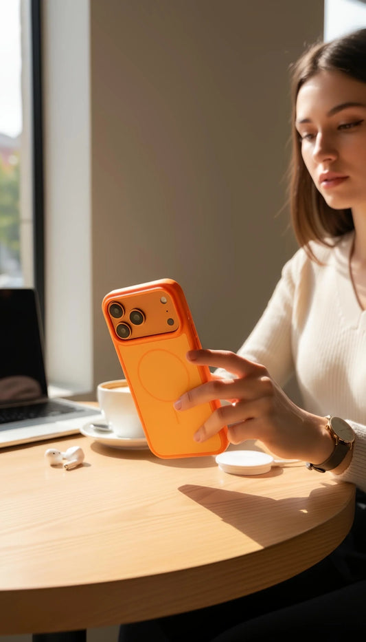 Lateral trasero de funda naranja para iphone material tipo silicón con compatibilidad magsafe y tacto sedoso