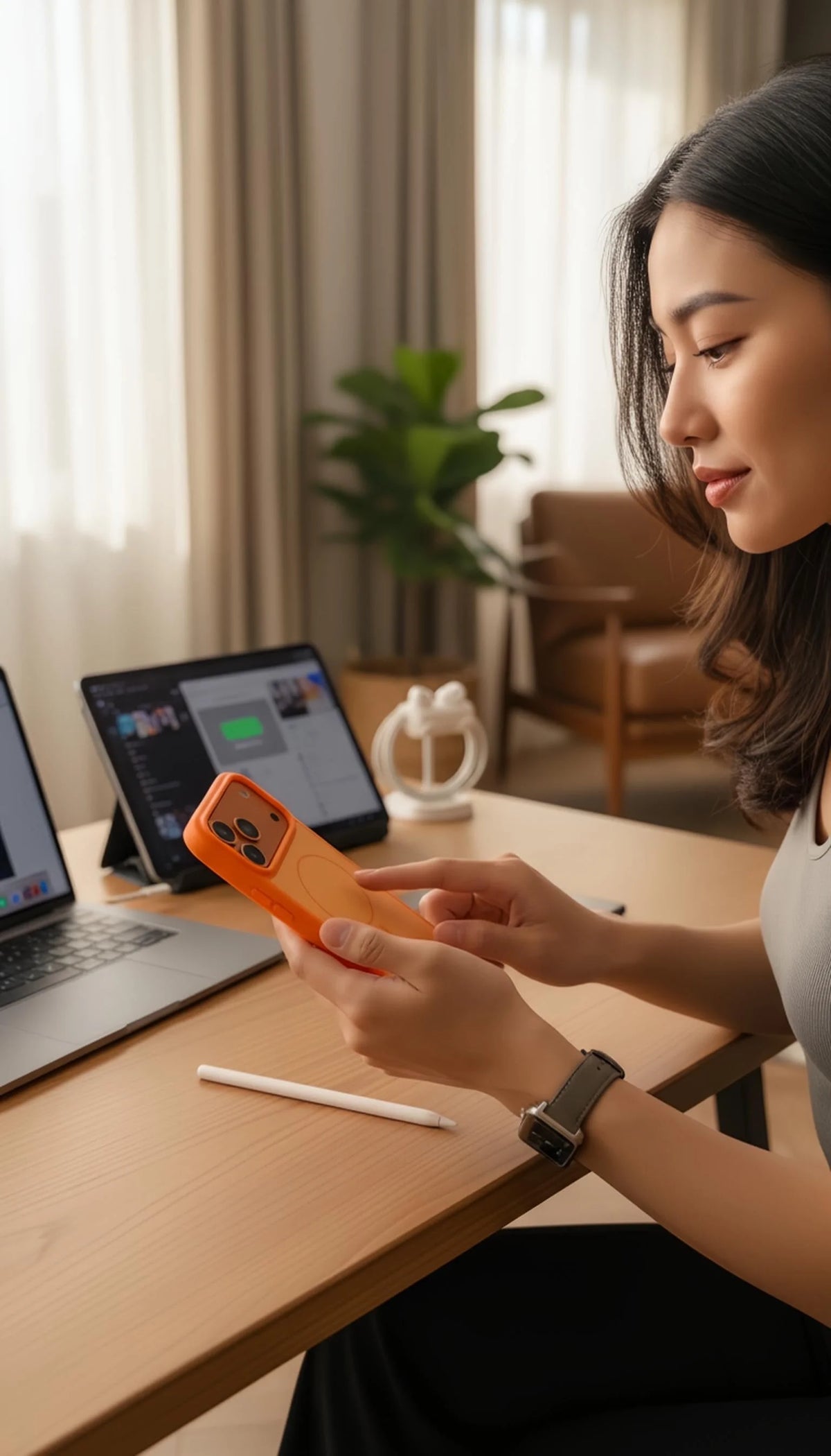 Vista trasera de funda para iphone naranja con compatibilidad magsafe material tipo silicón y tacto sedoso