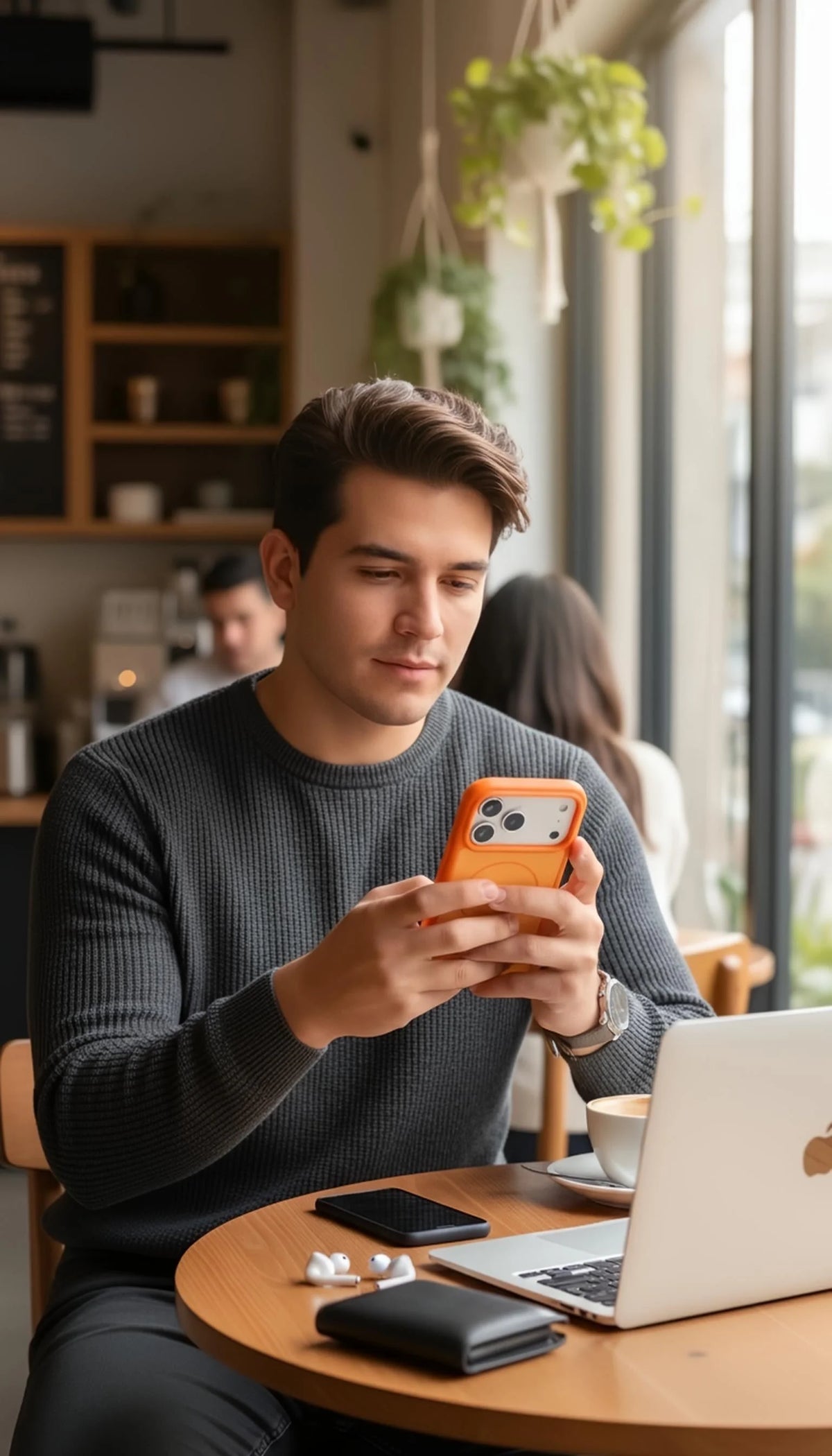 Parte trasera de funda naranja para iPhone con material tipo silicón, tacto sedoso y compatibilidad MagSafe