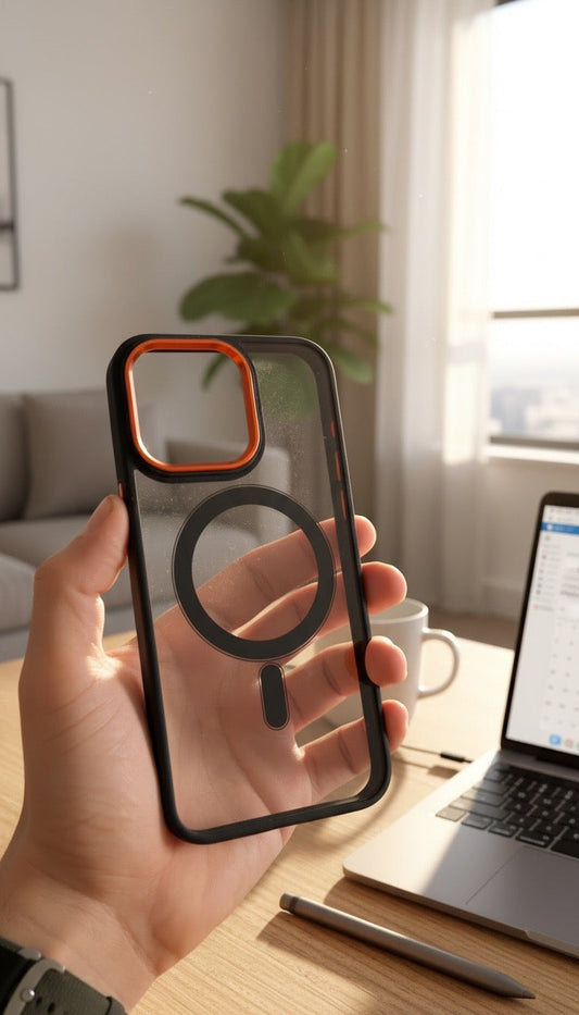 Orange Super Black MagSafe con marco metálico y protección acrílica - Funda para iPhone