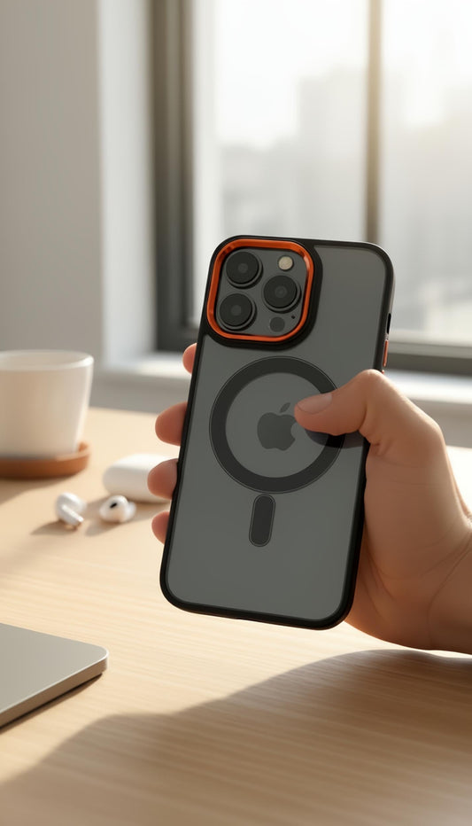 Orange Super Black MagSafe con marco metálico y protección acrílica - Funda para iPhone