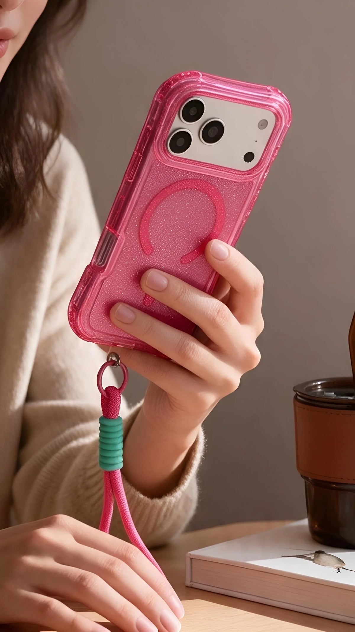 Funda rosa con glitter case magsafe con anillo magnético y correa trenzada colorida para uso rudo